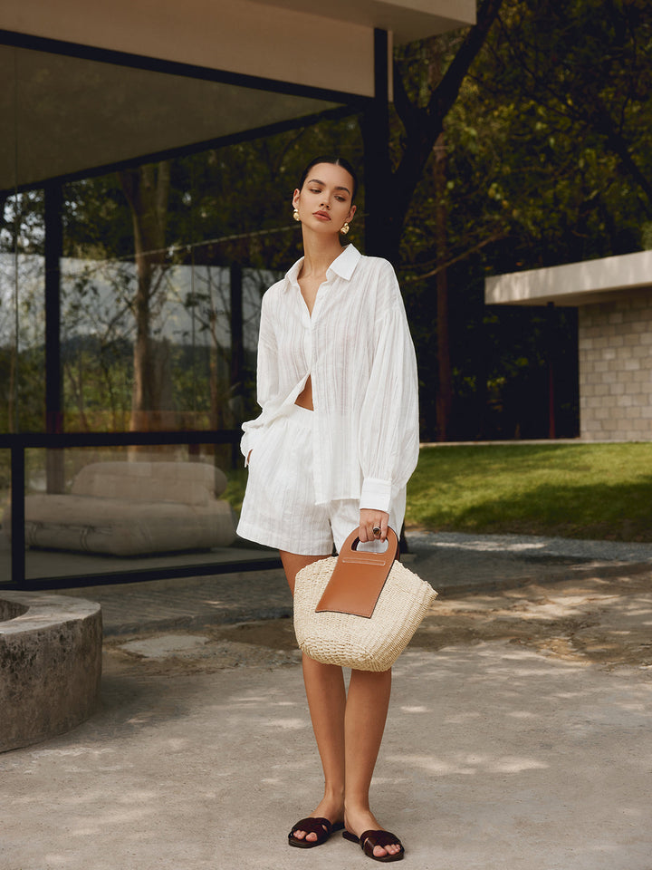 Twee-kleurige Beige Stro Handtas-Handtassen-Calora-Khaki-Calora