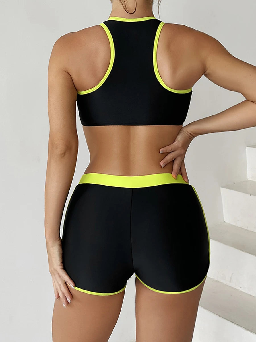 CALORA_ Tweedelige Badpak Vrouwen met Rits en Hoge Taille Shorts
