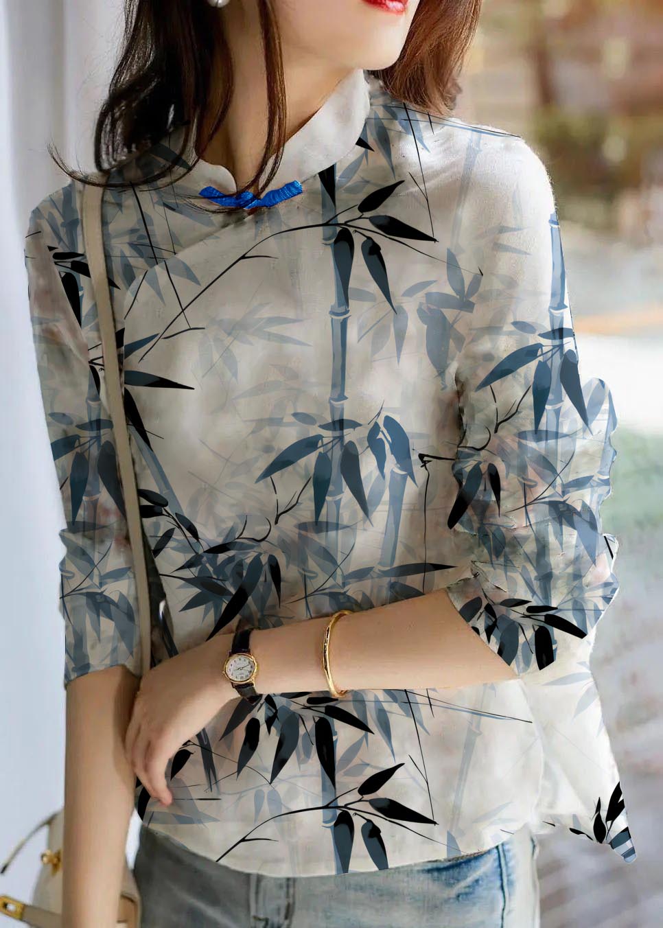 Unieke beige Linnen Blouse met bloemenprint-Blouses-Calora-Bamboo-S-Calora