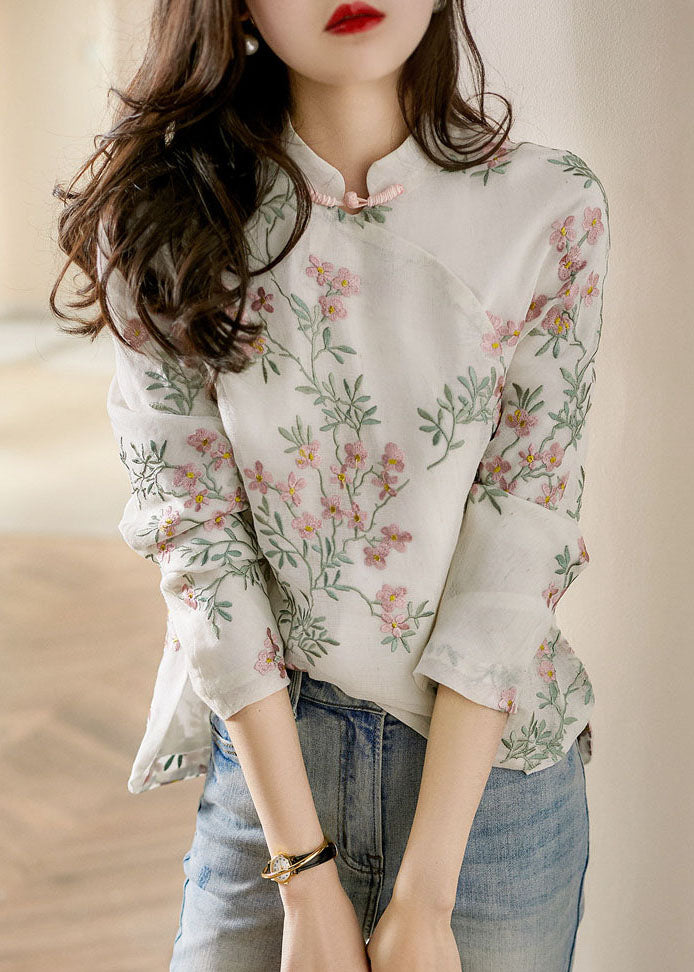 Unieke beige Linnen Blouse met bloemenprint-Blouses-Calora-Bloem-S-Calora