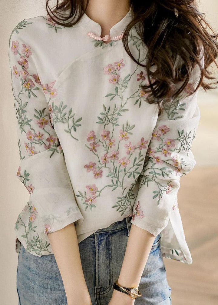 Unieke beige Linnen Blouse met bloemenprint-Blouses-Calora-Bloem-S-Calora