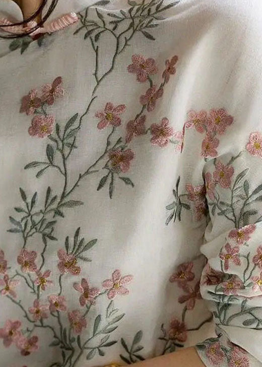 Unieke beige Linnen Blouse met bloemenprint-Blouses-Calora-Bloem-S-Calora