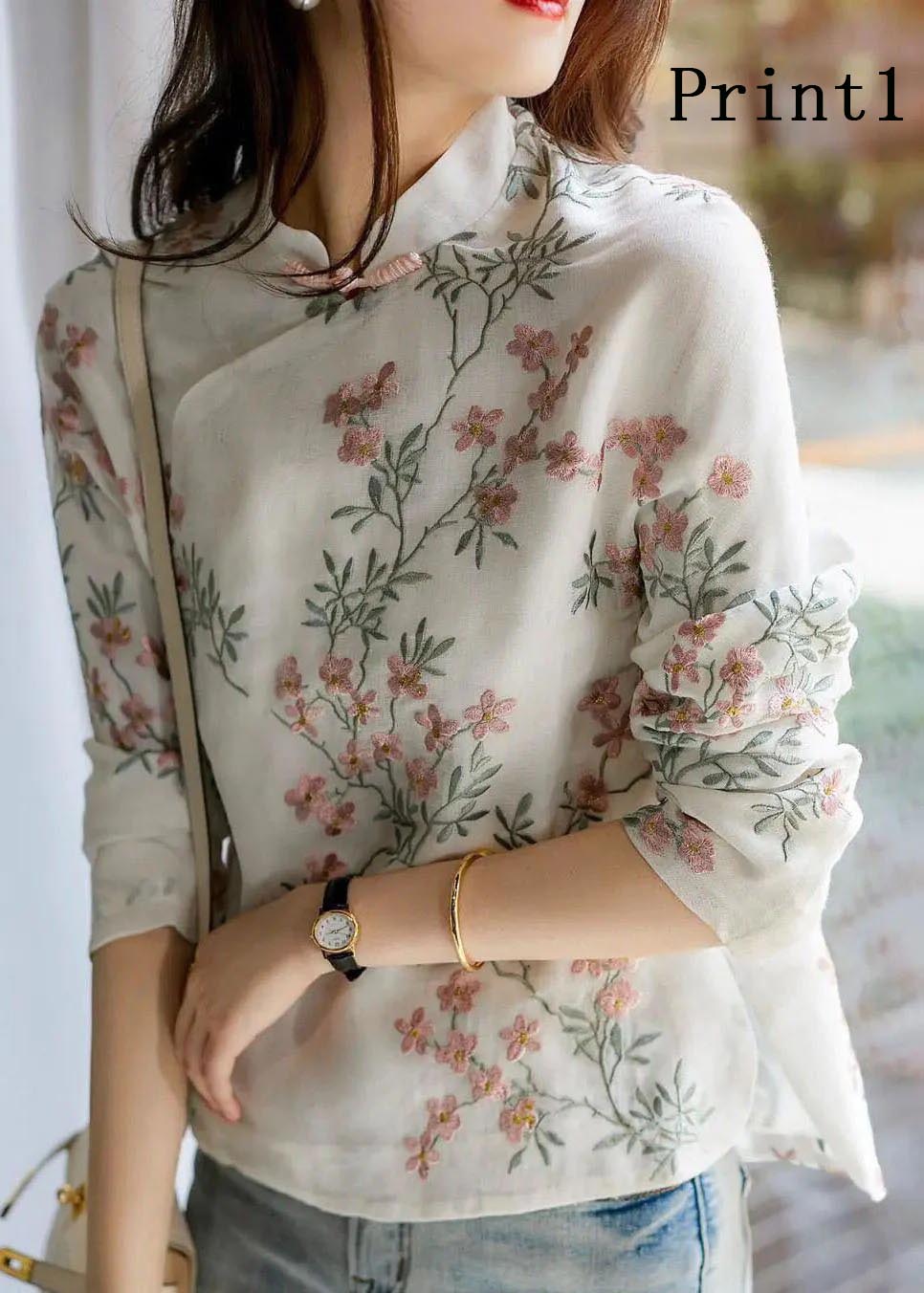 Unieke beige Linnen Blouse met bloemenprint-Blouses-Calora-Bloem-S-Calora