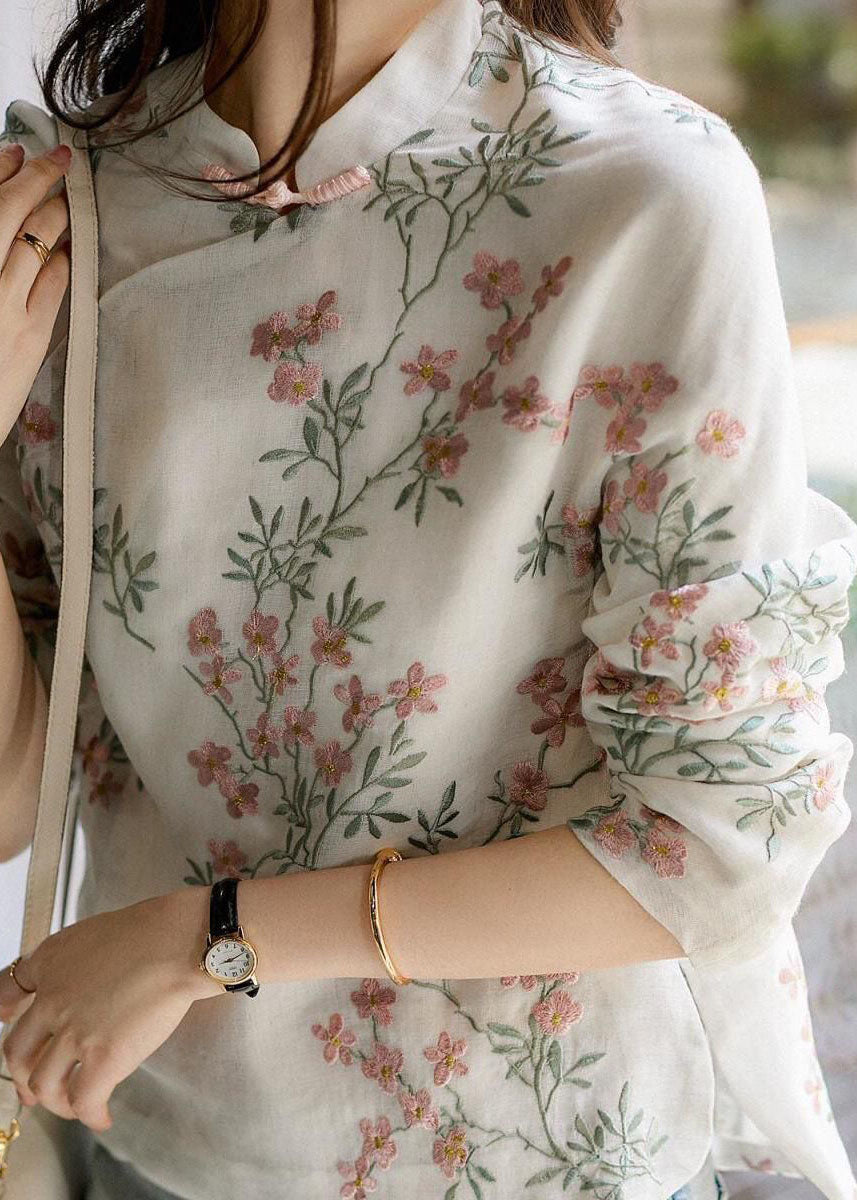 Unieke beige Linnen Blouse met bloemenprint-Blouses-Calora-Bloem-S-Calora