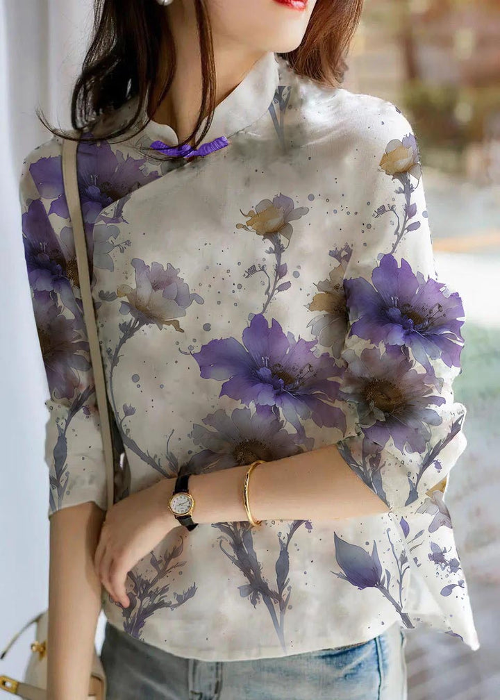 Unieke beige Linnen Blouse met bloemenprint-Blouses-Calora-Paarse bloem-S-Calora