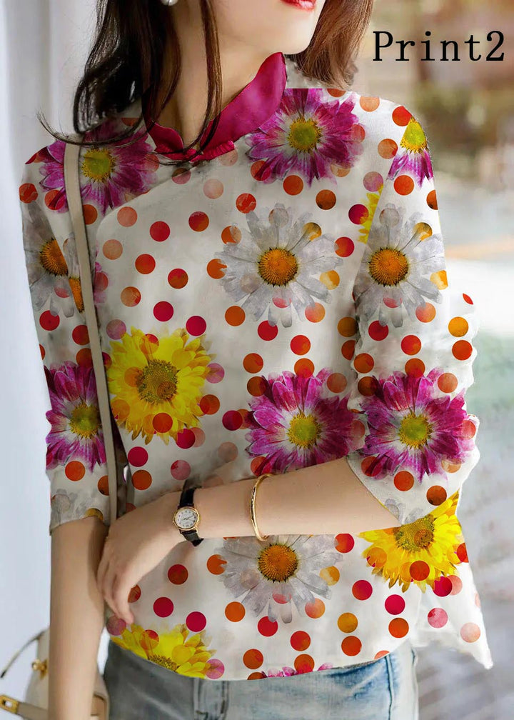 Unieke beige Linnen Blouse met bloemenprint-Blouses-Calora-Zonnebloem-S-Calora