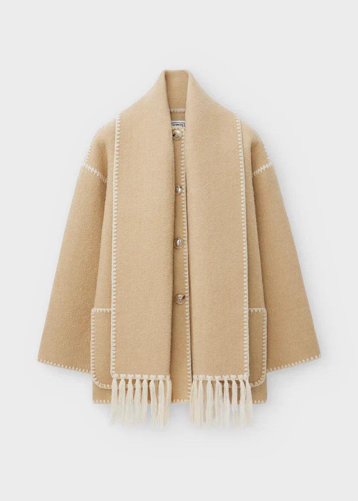 Unieke Katoenen Jas met Sjaal en knoopsluiting-Zomer Jassen-Calora-Beige-S-Calora
