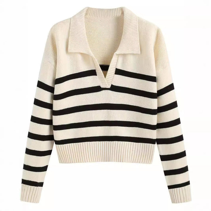 CALORA_ V-hals Gebreide Poloshirt met Strepen voor een Elegante Look