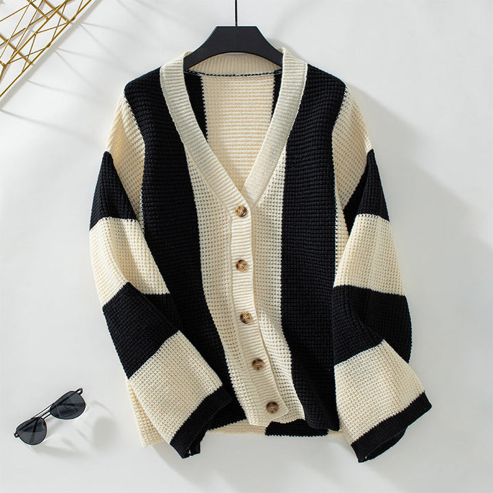 CALORA_ V-Hals Geknoopte Gestreepte Cardigan met Lange Mouwen
