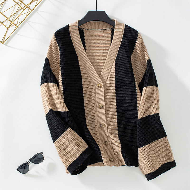 CALORA_ V-Hals Geknoopte Gestreepte Cardigan met Lange Mouwen