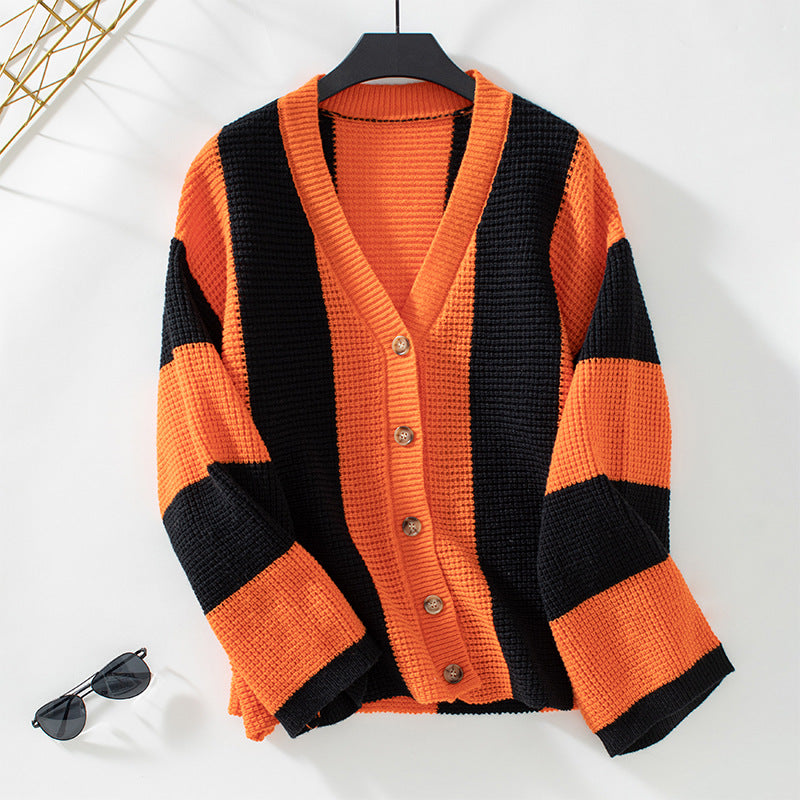 CALORA_ V-Hals Geknoopte Gestreepte Cardigan met Lange Mouwen