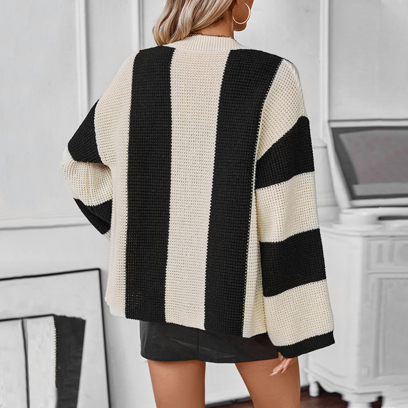 CALORA_ V-Hals Geknoopte Gestreepte Cardigan met Lange Mouwen