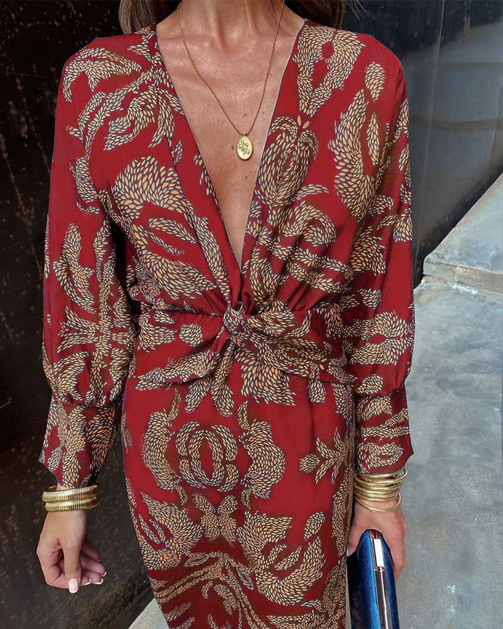 V-hals Jurk met vintage print en lange lantaarnmouwen-Zomer Jurken-Calora-Blauw-S-Calora