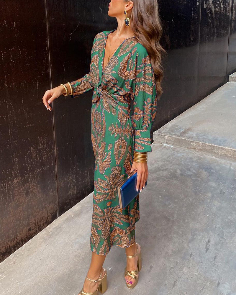 V-hals Jurk met vintage print en lange lantaarnmouwen-Zomer Jurken-Calora-Groen-S-Calora