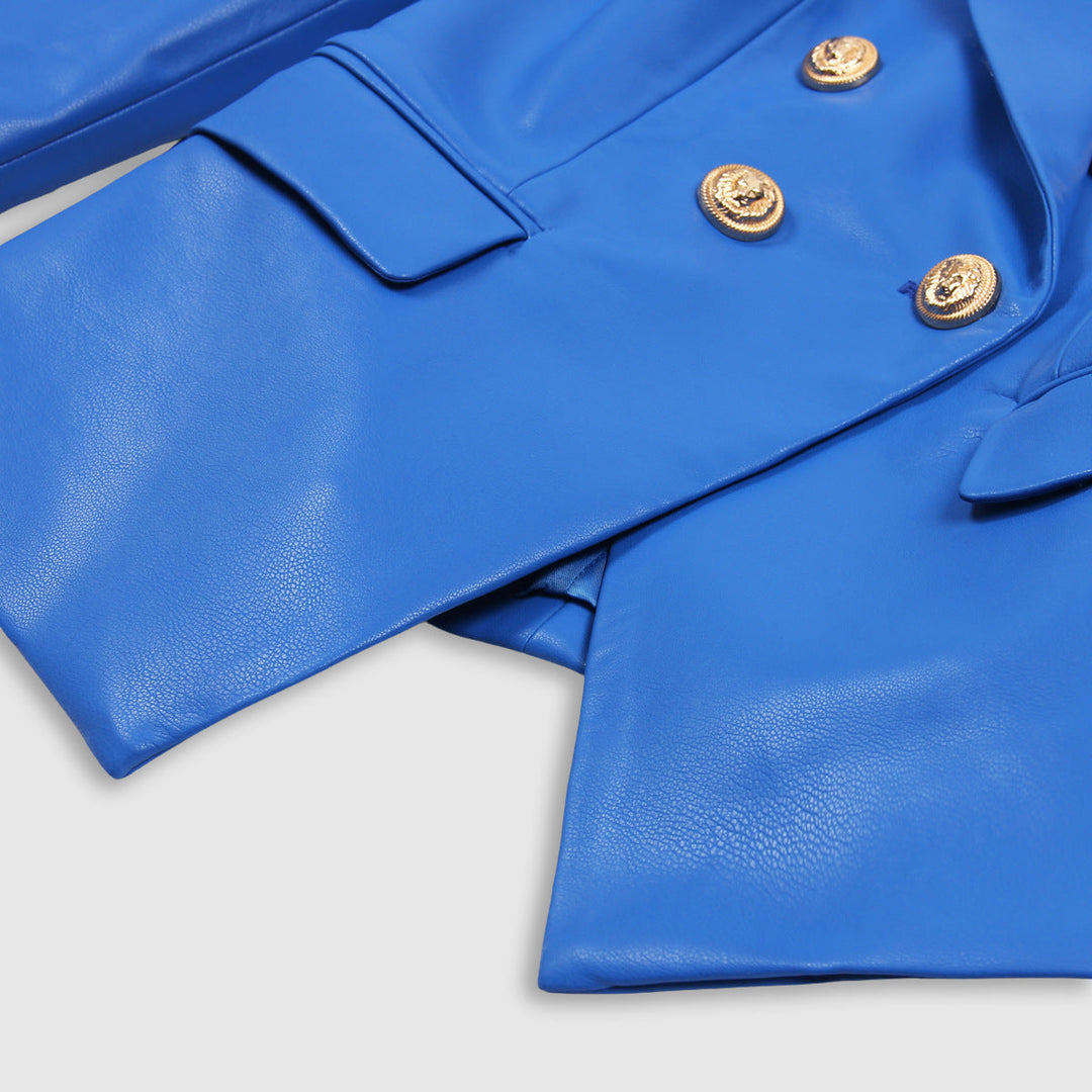 Vada | Dames lente herfst slim fit v-hals PU leren jas-Leren Jassen-Calora-Blauw-S-Calora