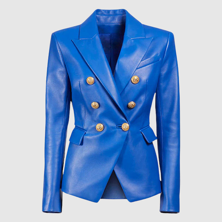 Vada | Dames lente herfst slim fit v-hals PU leren jas-Leren Jassen-Calora-Blauw-S-Calora