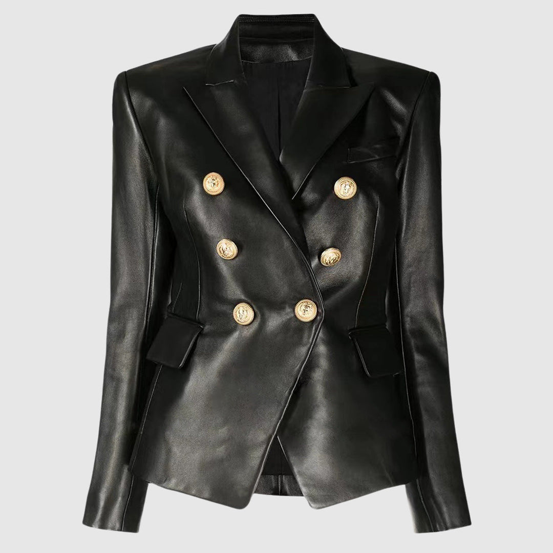Vada | Dames lente herfst slim fit v-hals PU leren jas-Leren Jassen-Calora-Zwart-S-Calora