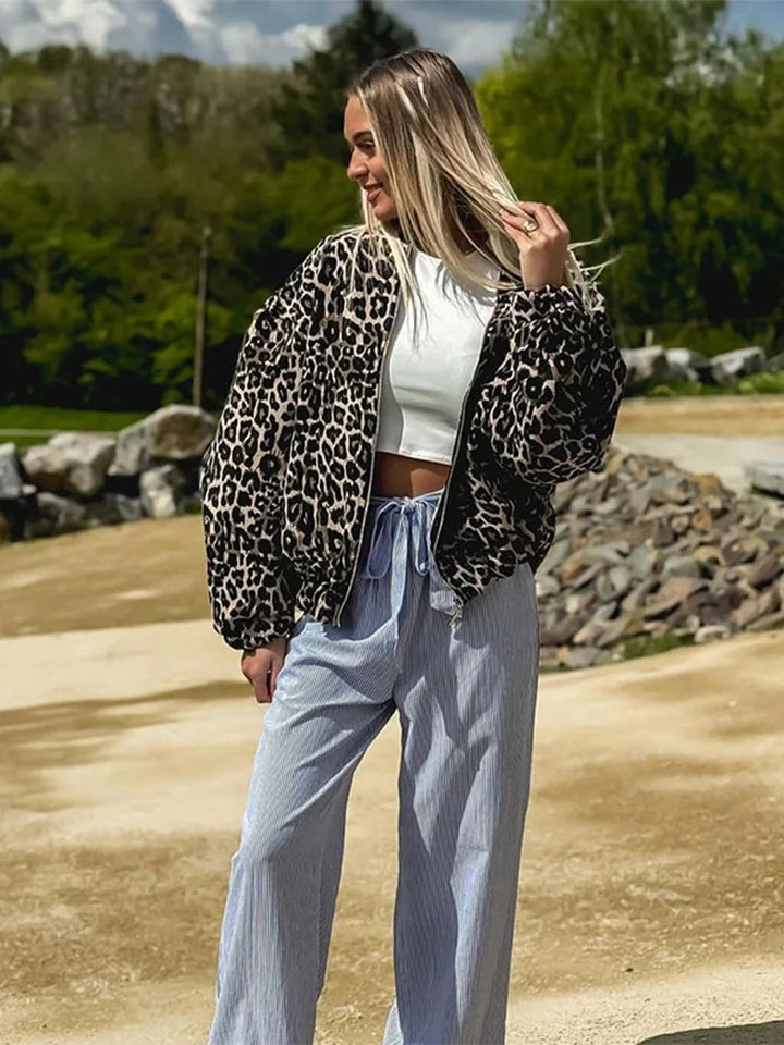 Vada | Retro Lange Mouwen Luipaard Jas-Zomer Jassen-Calora-Luipaard print-S-Calora