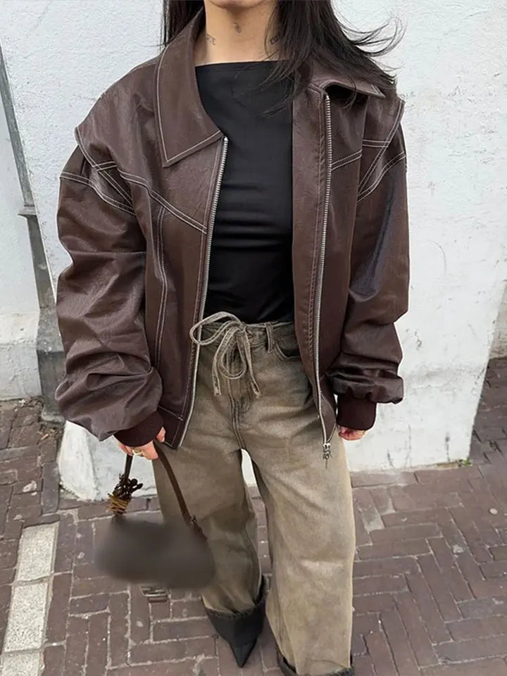 Valda | Vintage oversized Leren Jas met Contrast Stiksel-Leren Jassen-Calora-Bruin-S-Calora