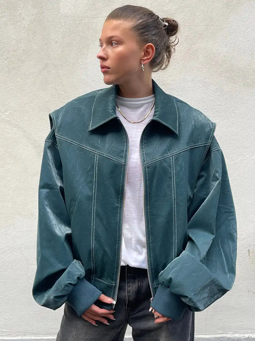 Valda | Vintage oversized Leren Jas met Contrast Stiksel-Leren Jassen-Calora-Groen-L-Calora