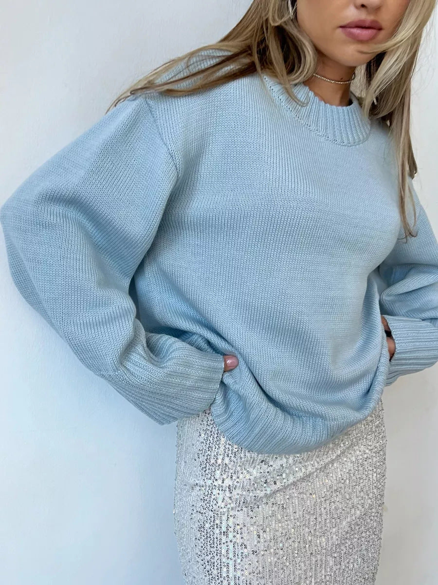 Valentié | Sweater met ronde hals en losse schouders-Sweaters & Truien-Calora-Blauw-S-Calora