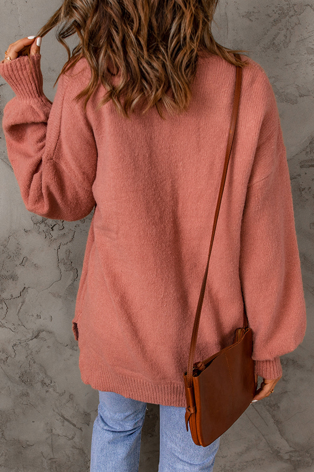Valkerie - top trui geribbelde afwerking lantaarn mouw zakken-Blouses-Calora-Zalm-S-Calora