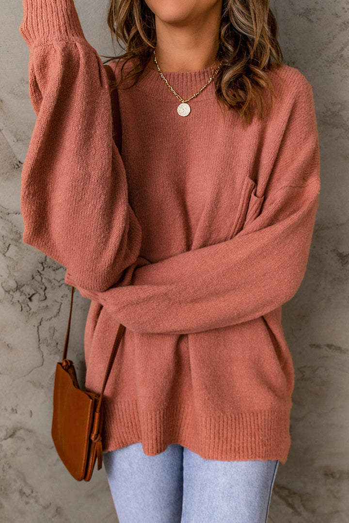 Valkerie - top trui geribbelde afwerking lantaarn mouw zakken-Blouses-Calora-Zalm-S-Calora