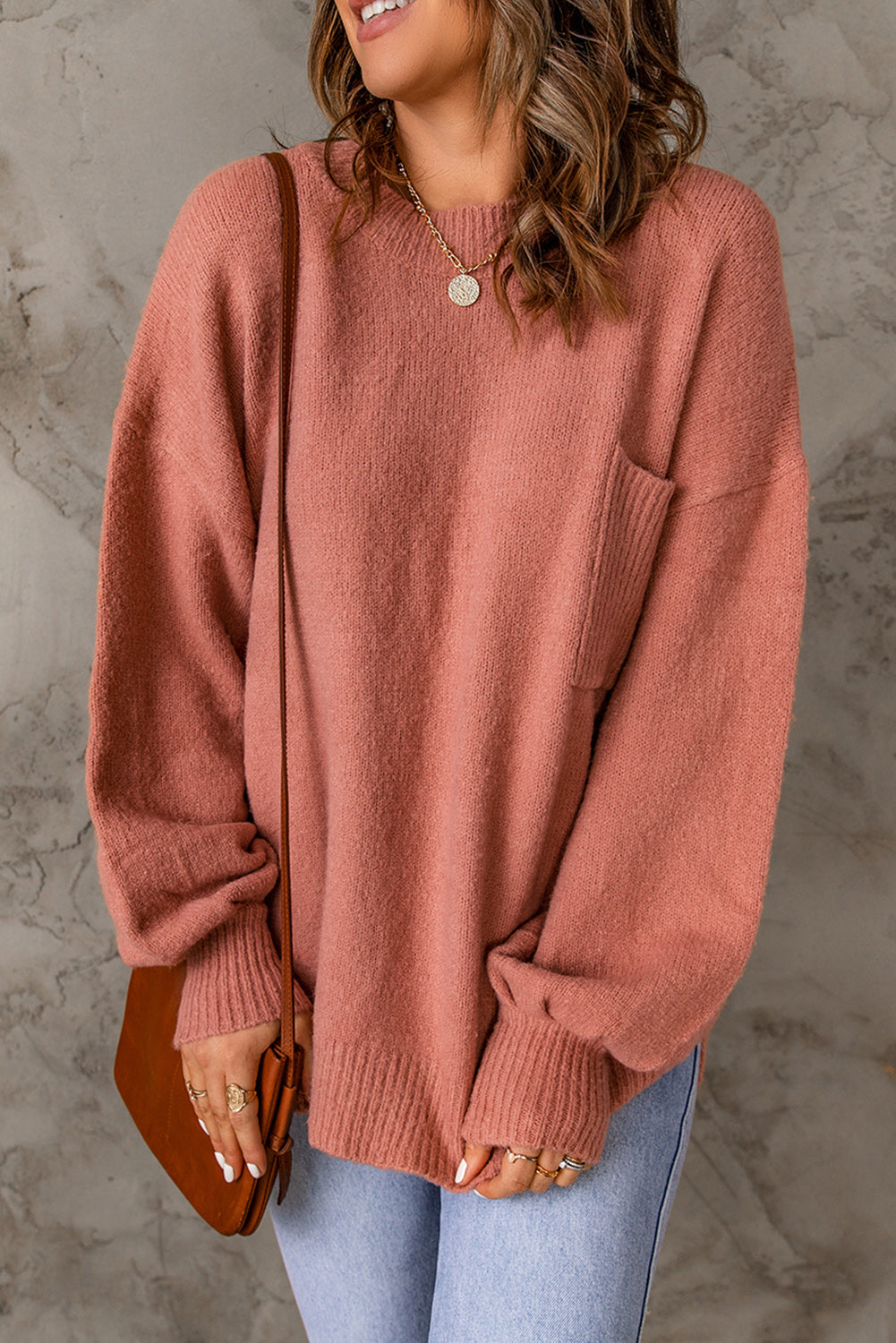 Valkerie - top trui geribbelde afwerking lantaarn mouw zakken-Blouses-Calora-Zalm-S-Calora