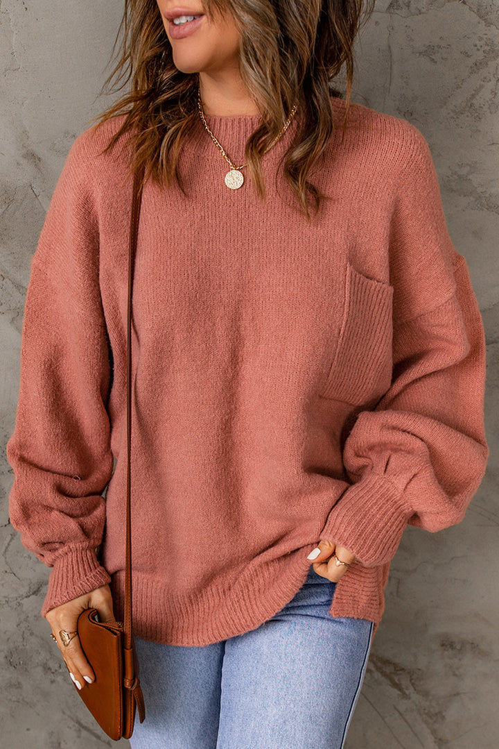 Valkerie - top trui geribbelde afwerking lantaarn mouw zakken-Blouses-Calora-Zalm-S-Calora