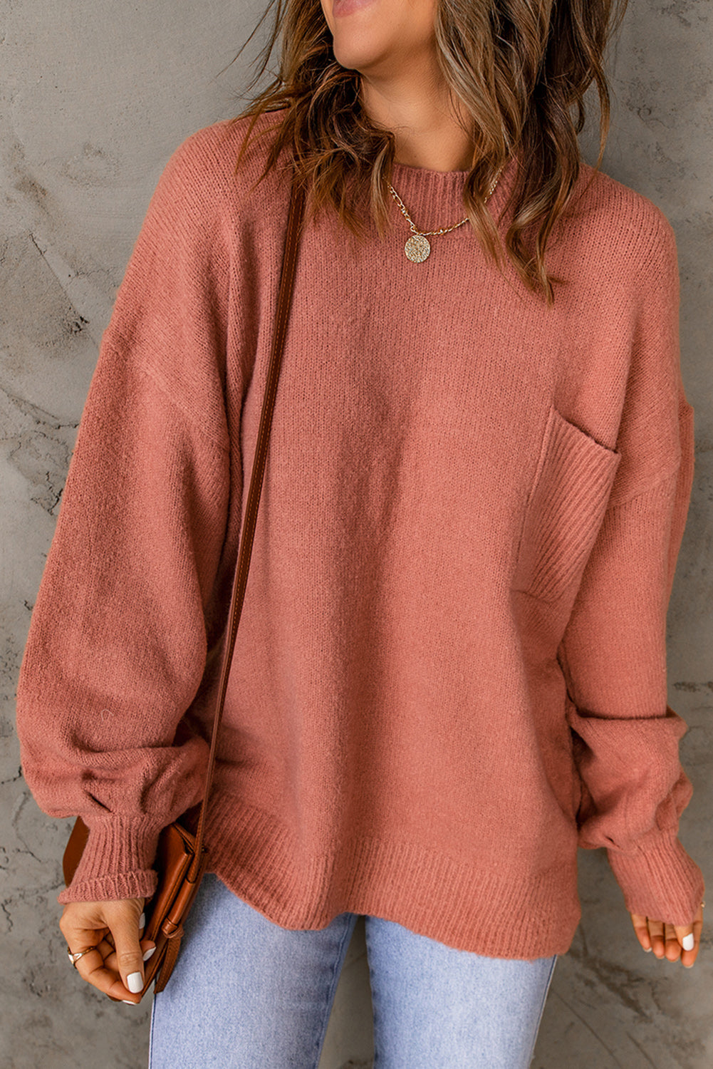 Valkerie - top trui geribbelde afwerking lantaarn mouw zakken-Blouses-Calora-Zalm-S-Calora