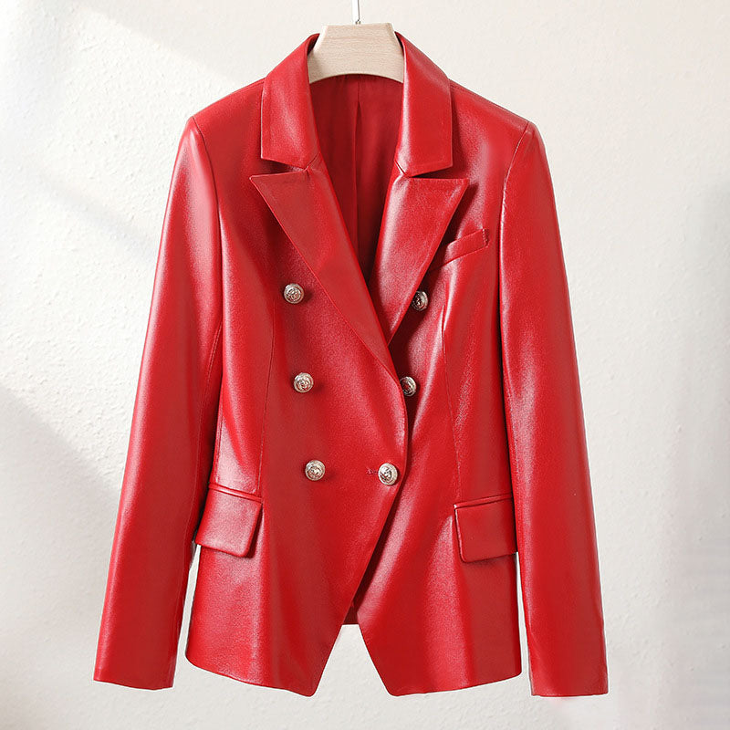 Veda | Dames korte schapenvacht motor leren jas-Leren Jassen-Calora-Rood-S-Calora