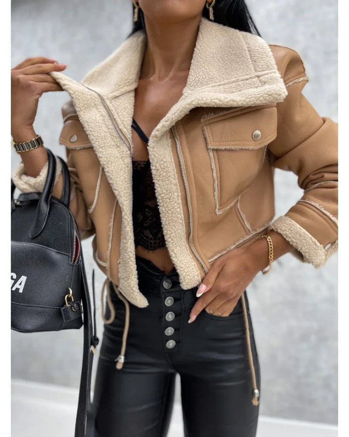 Velvetra | Warme Faux Leren Jas-Leren Jassen-Calora-Khaki-S-Calora