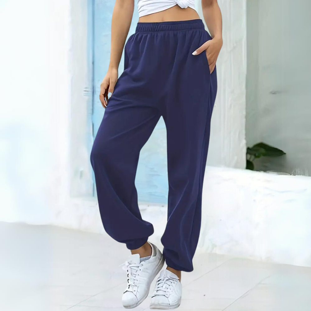 Velvetta | Relaxte Joggingbroek met Hoge Taille en Wijde Pijpen voor Dames-Joggingsbroek-Calora-Diepblauw-S-Calora