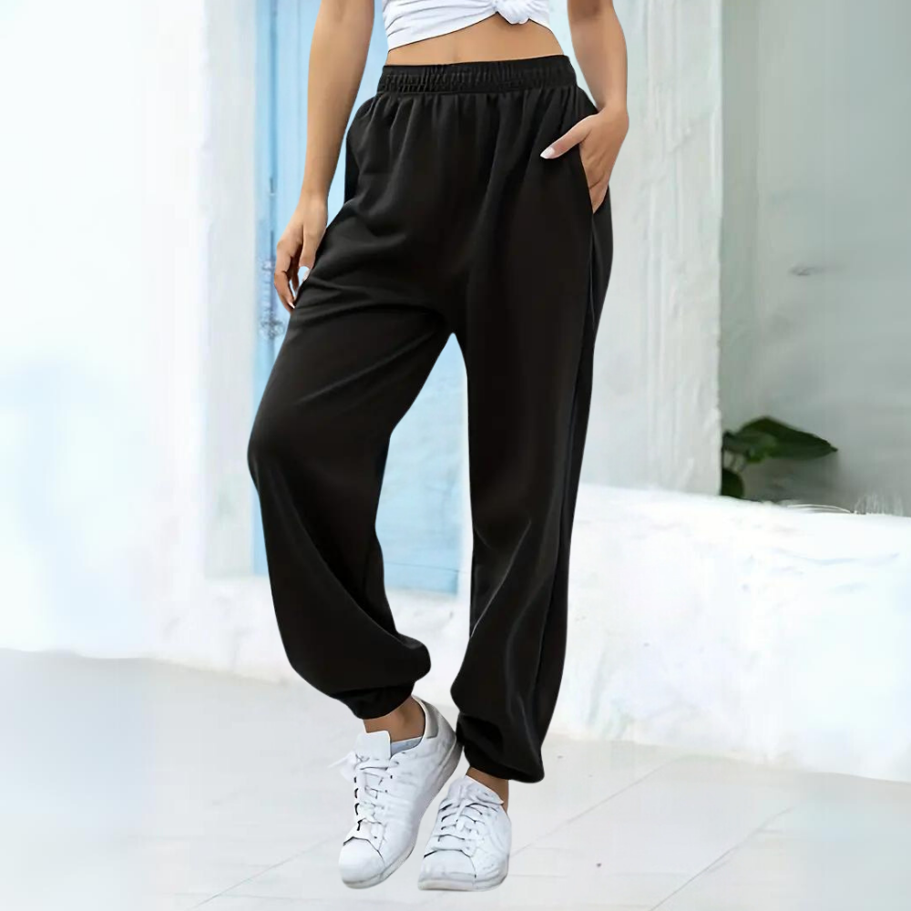 Velvetta | Relaxte Joggingbroek met Hoge Taille en Wijde Pijpen voor Dames-Joggingsbroek-Calora-Zwart-S-Calora