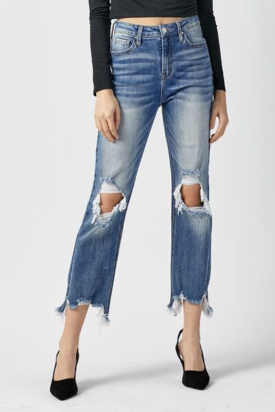 Vianne | Hoge taille distressed cropped straight Spijkerbroek-Wijde Broeken-Calora-S-Calora