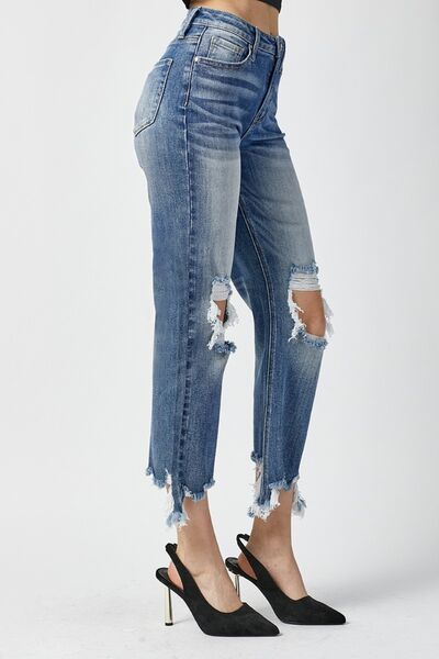 Vianne | Hoge taille distressed cropped straight Spijkerbroek-Wijde Broeken-Calora-S-Calora