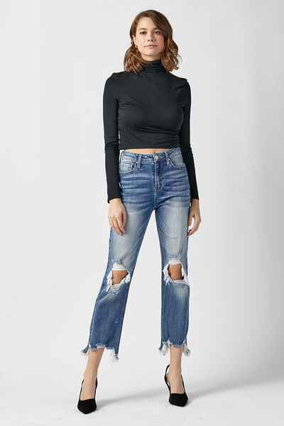 Vianne | Hoge taille distressed cropped straight Spijkerbroek-Wijde Broeken-Calora-S-Calora