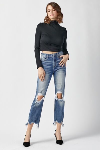 Vianne | Hoge taille distressed cropped straight Spijkerbroek-Wijde Broeken-Calora-S-Calora
