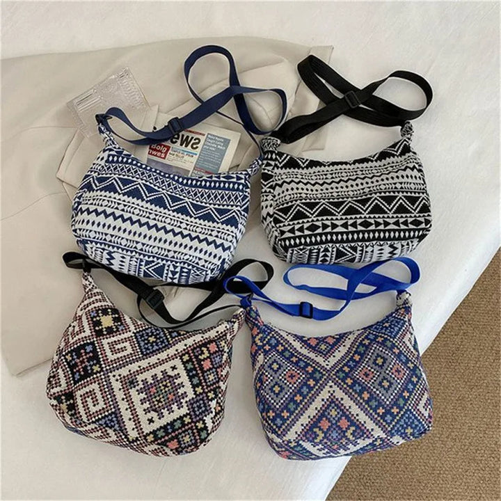 Vintage Boho Canvas Hand en Schoudertas met print-Handtassen-Calora-Paars-Calora