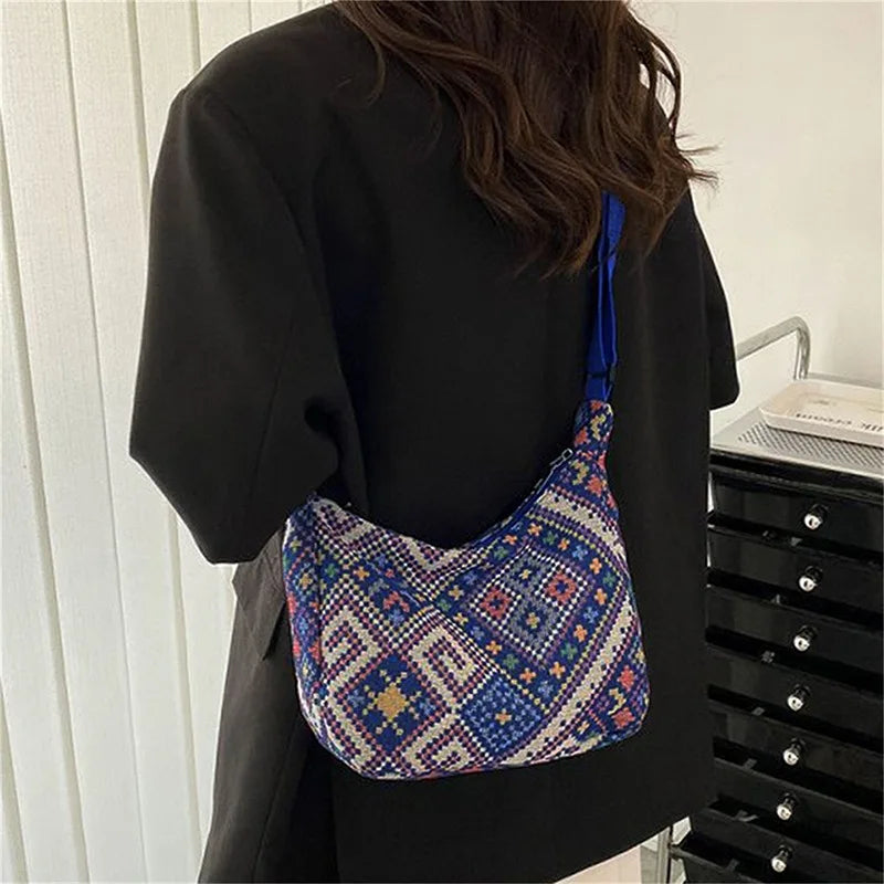 Vintage Boho Canvas Hand en Schoudertas met print-Handtassen-Calora-Paars-Calora
