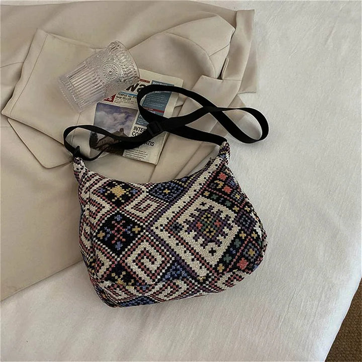 Vintage Boho Canvas Hand en Schoudertas met print-Handtassen-Calora-Zwart - Bloem-Calora