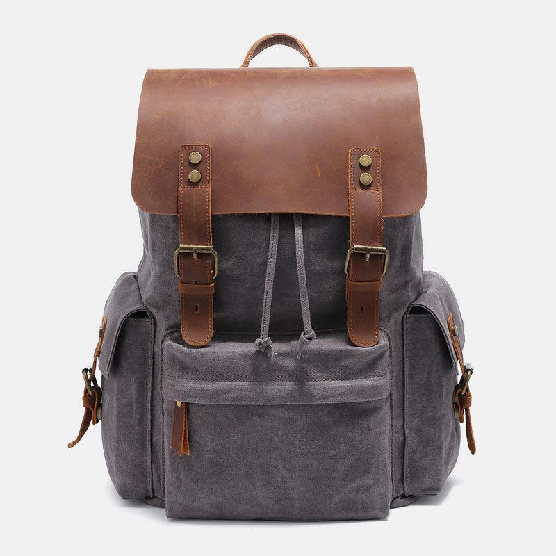 Vintage Bruine Laptoprugzak van Canvas en Leer-Schoudertassen-Calora-Grijs-Calora
