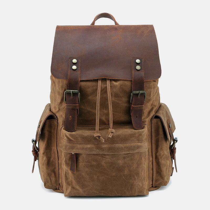 Vintage Bruine Laptoprugzak van Canvas en Leer-Schoudertassen-Calora-Khaki-Calora