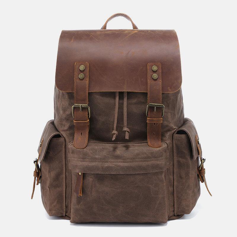 Vintage Bruine Laptoprugzak van Canvas en Leer-Schoudertassen-Calora-Koffie-Calora