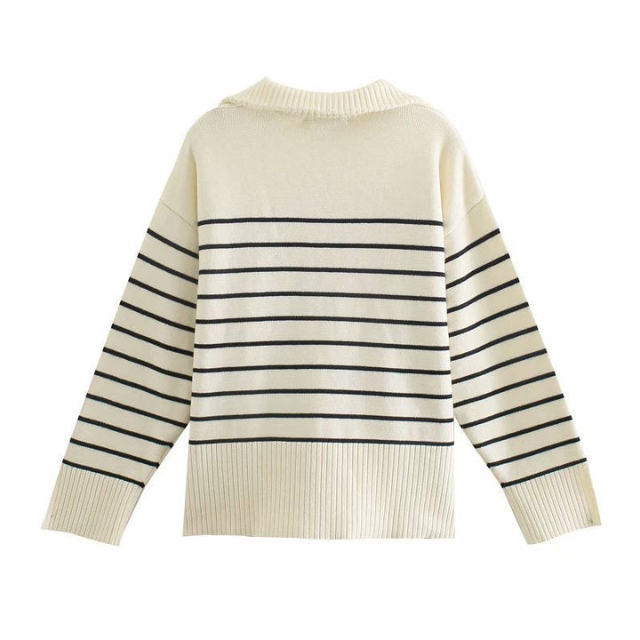 CALORA_ Vintage Chic Gebreide Trui voor Dames met Kwart Rits in Crème en Blauwgestreept
