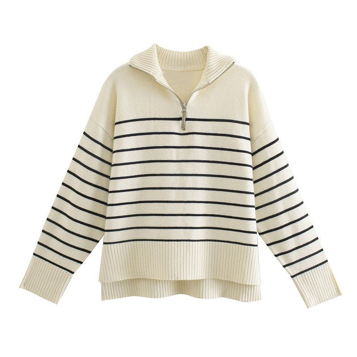 CALORA_ Vintage Chic Gebreide Trui voor Dames met Kwart Rits in Crème en Blauwgestreept