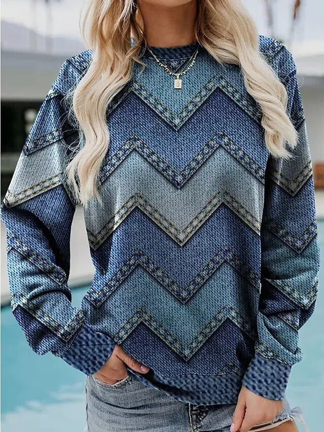 Vintage ronde hals trui met print-Blazers & Vesten-Calora-Blauw-XS-Calora
