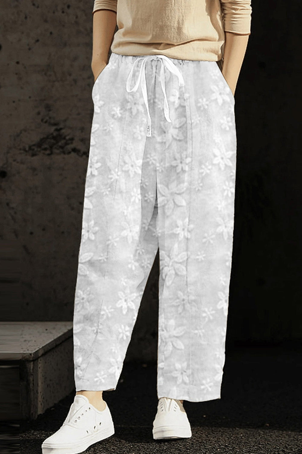 Volledig Geborduurde Cropped Broek met Trekkoord-Wijde Broeken-Calora-Wit-S-Calora