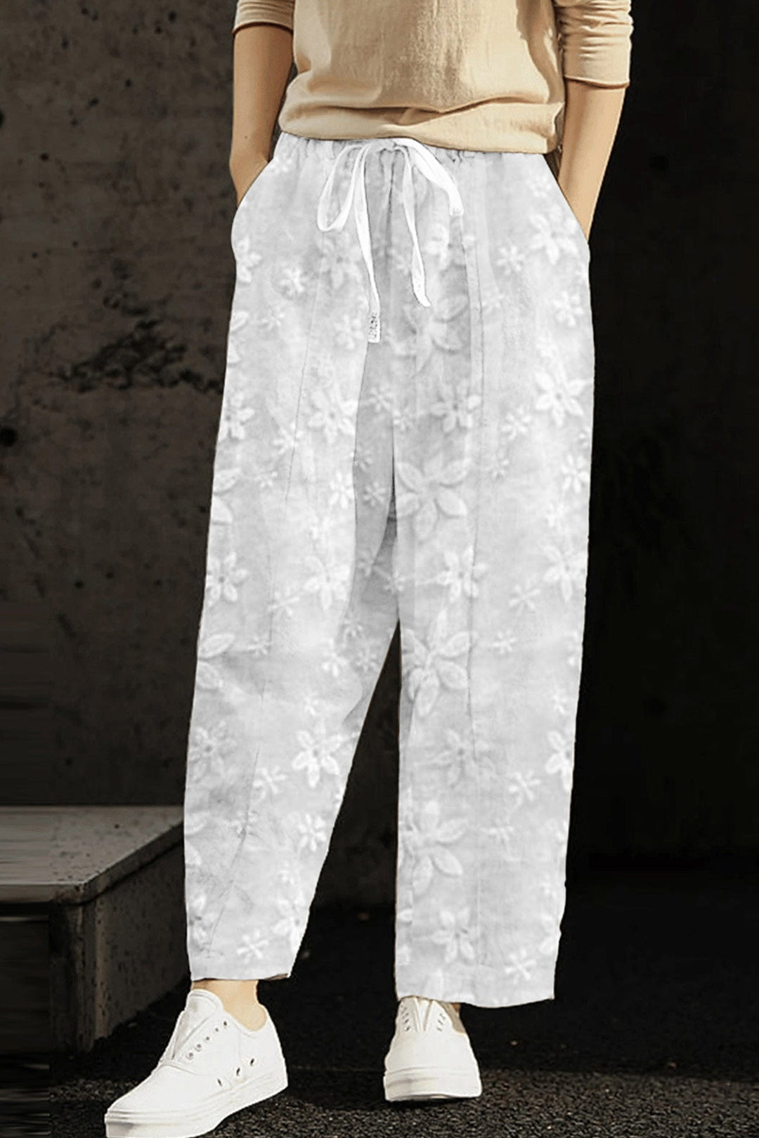 Volledig Geborduurde Cropped Broek met Trekkoord-Wijde Broeken-Calora-Wit-S-Calora