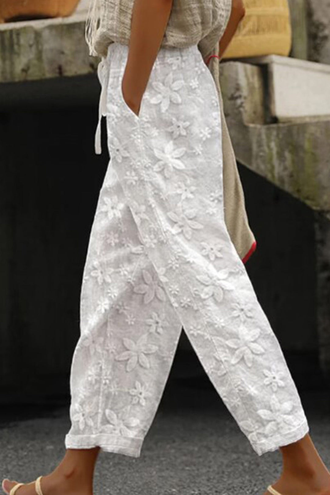 Volledig Geborduurde Cropped Broek met Trekkoord-Wijde Broeken-Calora-Wit-S-Calora